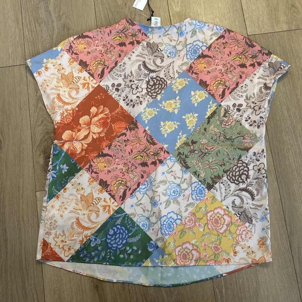 Cupcakes And Cashmere Floral Patch Work Rayon S/S Top Shirt Colorful Tropical Sm - Picture 4 of 7